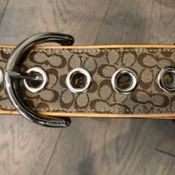 Coach Signature Logo Leather & Woven Jacquard Belt Silver Metal Hardware Tan L - Picture 3 of 3